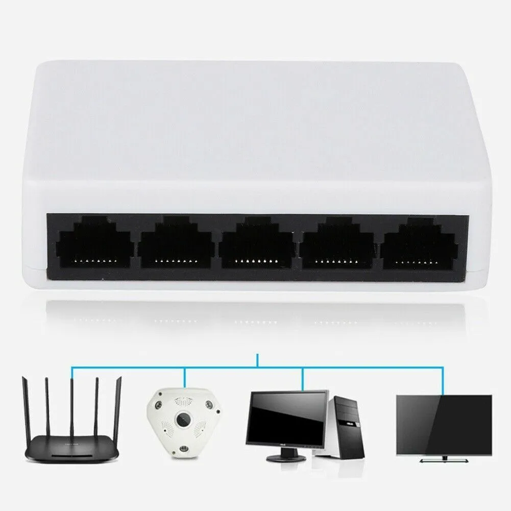White 5-port 100 Mbps Ethernet switch with LED indicators on a desk