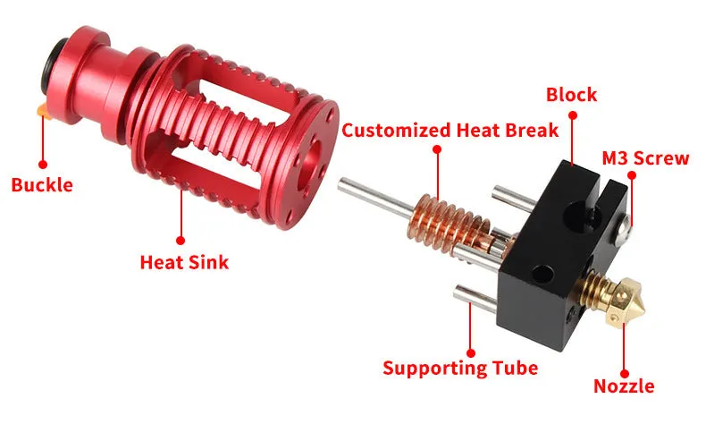 Upgraded Seal 3D printer extruder Dragon Hotend with orange buckle, 0.4mm nozzle, and six brass nozzles