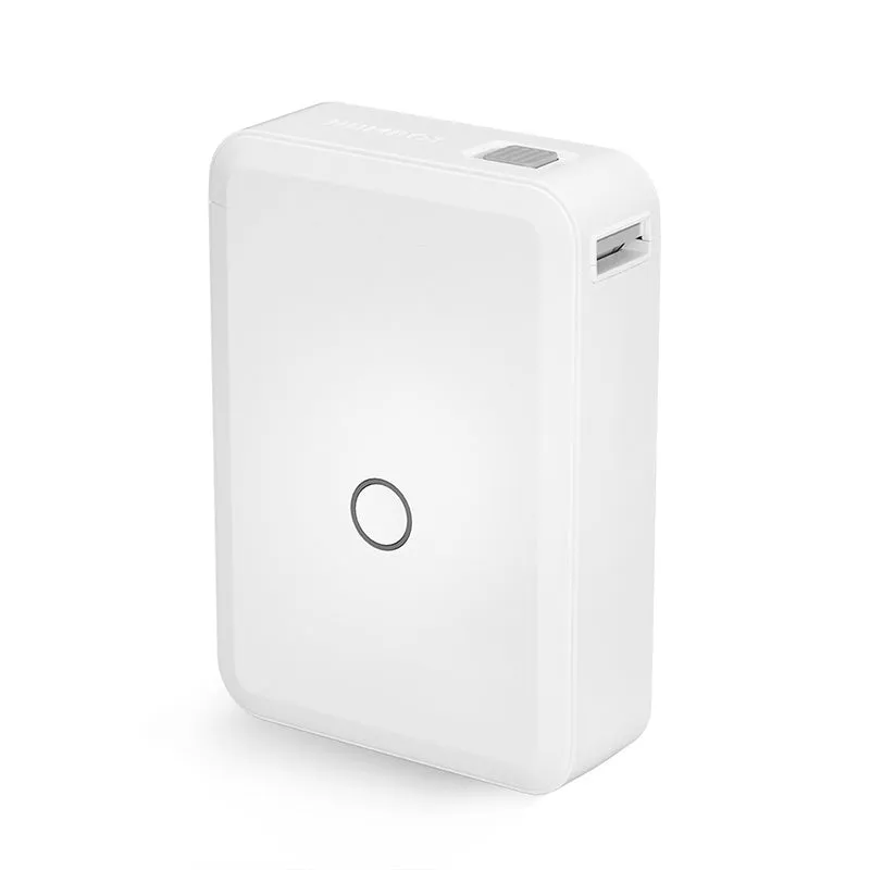 D110 thermal label printer in white with half-inch label roll, front view showing compact size and paper slot