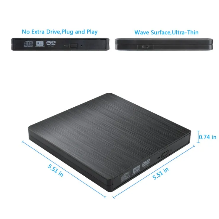 External optical disk drive in black with USB 2.0 and 3.0 support for DVD burning