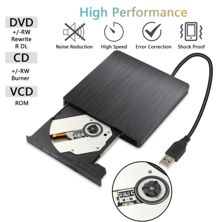 External optical disk drive in black with USB 2.0 and 3.0 support for DVD burning