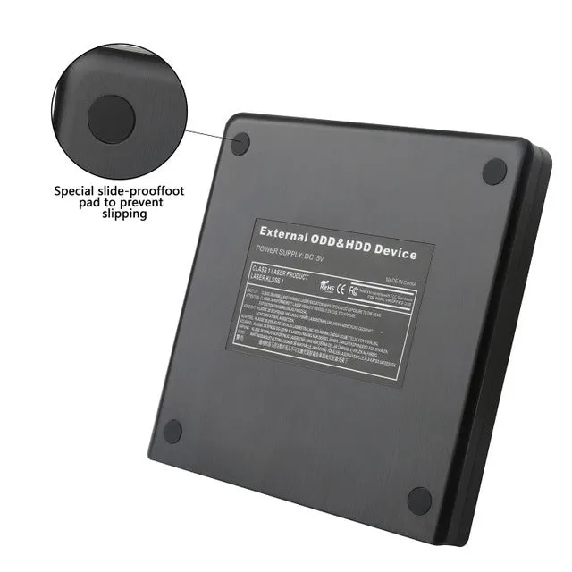 External optical disk drive in black with USB 2.0 and 3.0 support for DVD burning
