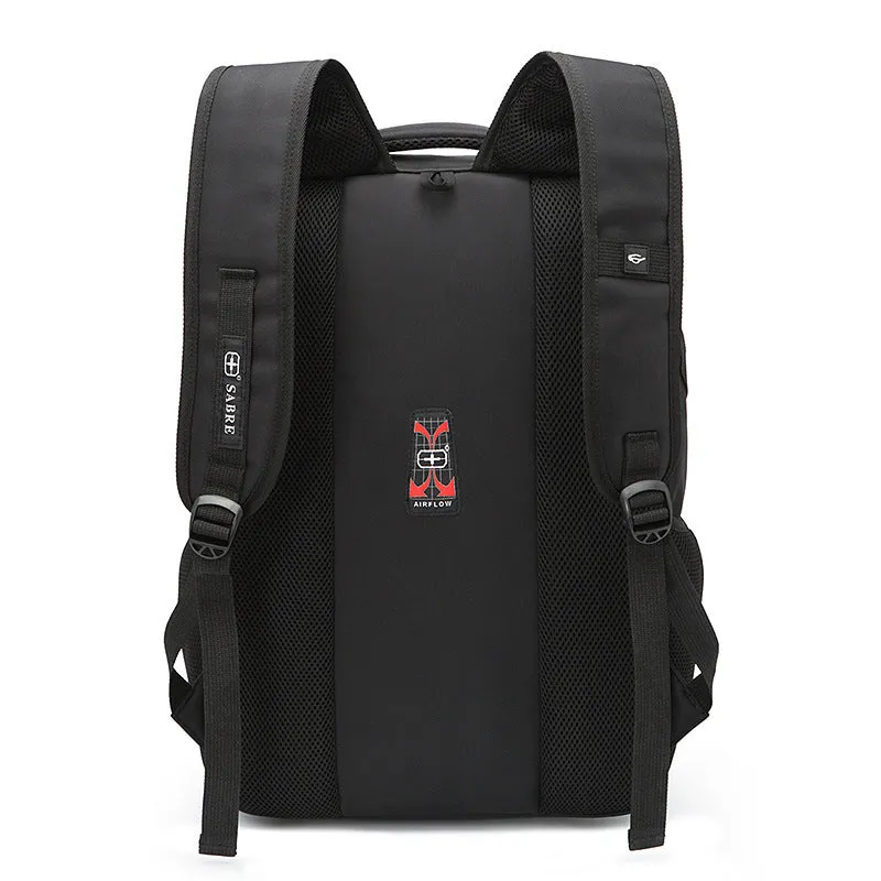 Black nylon backpack 36-55L with laptop pocket and multiple compartments for travel and business