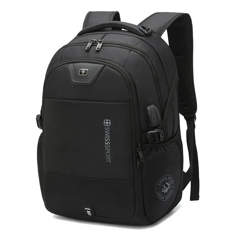 Black nylon backpack 36-55L with laptop pocket and multiple compartments for travel and business