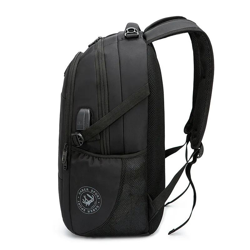 Black nylon backpack 36-55L with laptop pocket and multiple compartments for travel and business