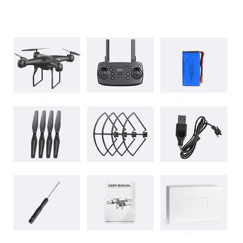 Four-axis remote control toy plane with protective ring, 4K camera, and LED lights, black colour