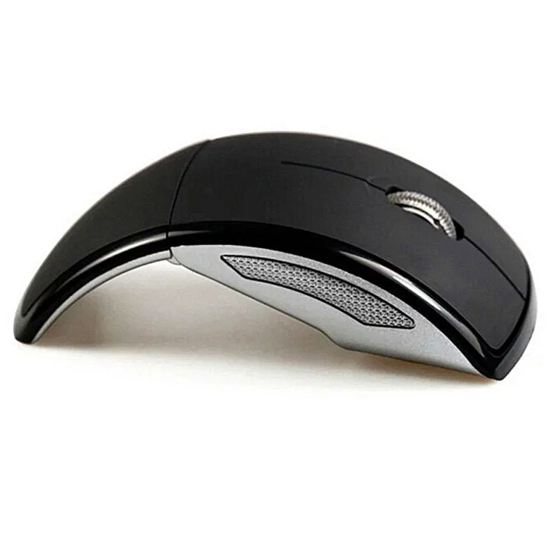 Wireless foldable mouse in black with compact design, 2.4GHz receiver, and 1600CPI optical sensor