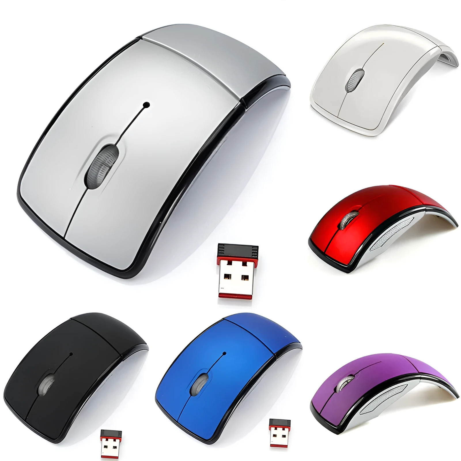 Wireless foldable mouse in black with compact design, 2.4GHz receiver, and 1600CPI optical sensor