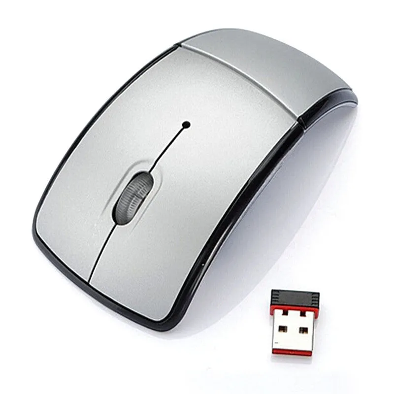 Wireless foldable mouse in black with compact design, 2.4GHz receiver, and 1600CPI optical sensor