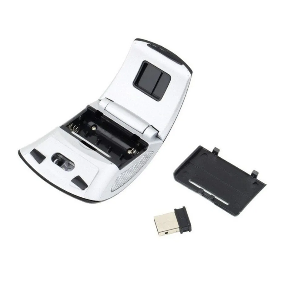 Wireless foldable mouse in black with compact design, 2.4GHz receiver, and 1600CPI optical sensor
