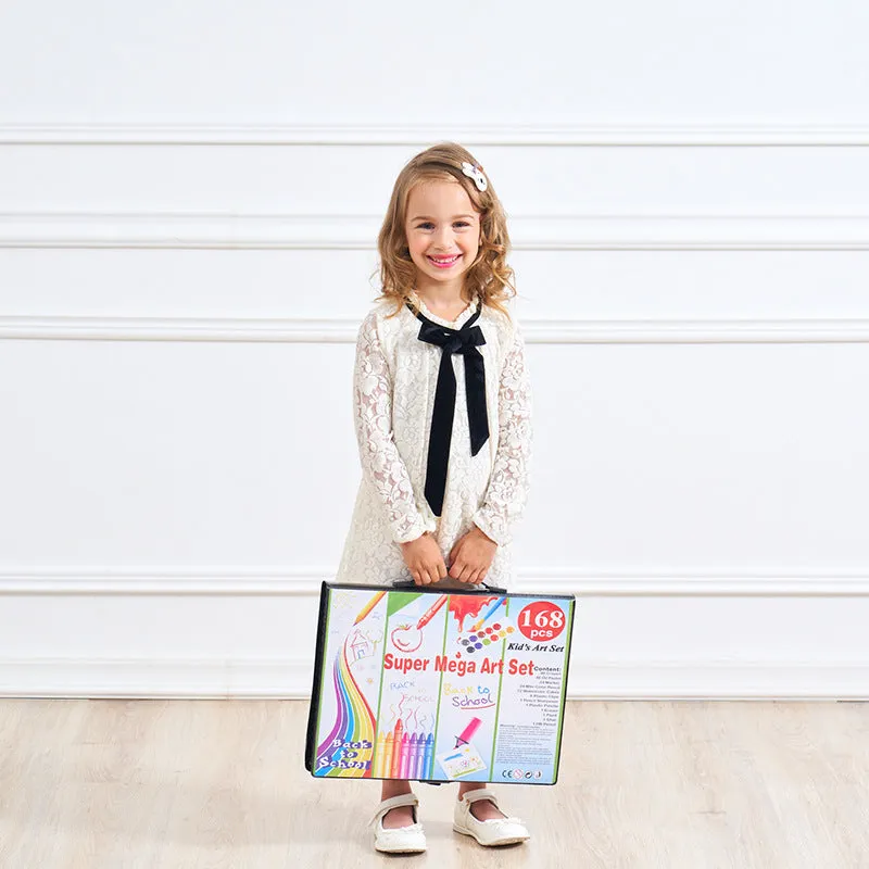 168-piece children's painting set with watercolour pens and oil pastels in a black plastic storage case
