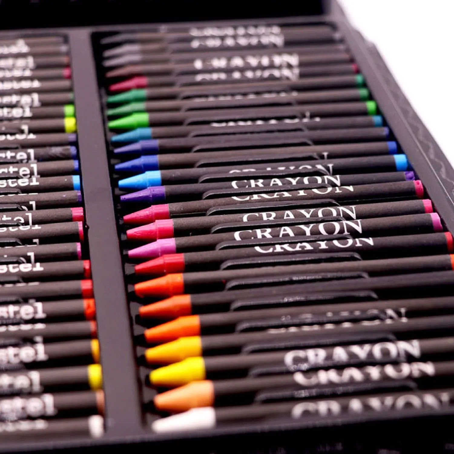 168-piece children's painting set with watercolour pens and oil pastels in a black plastic storage case