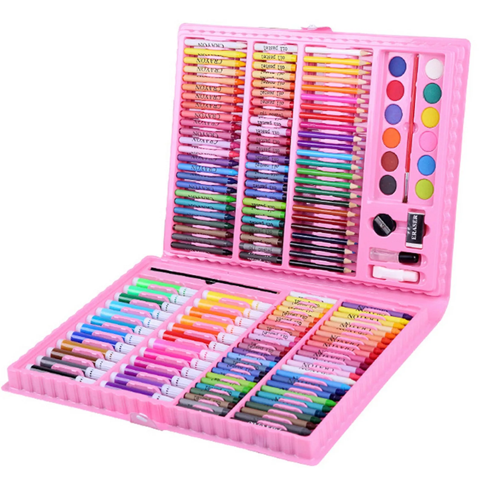 168-piece children's painting set with watercolour pens and oil pastels in a black plastic storage case