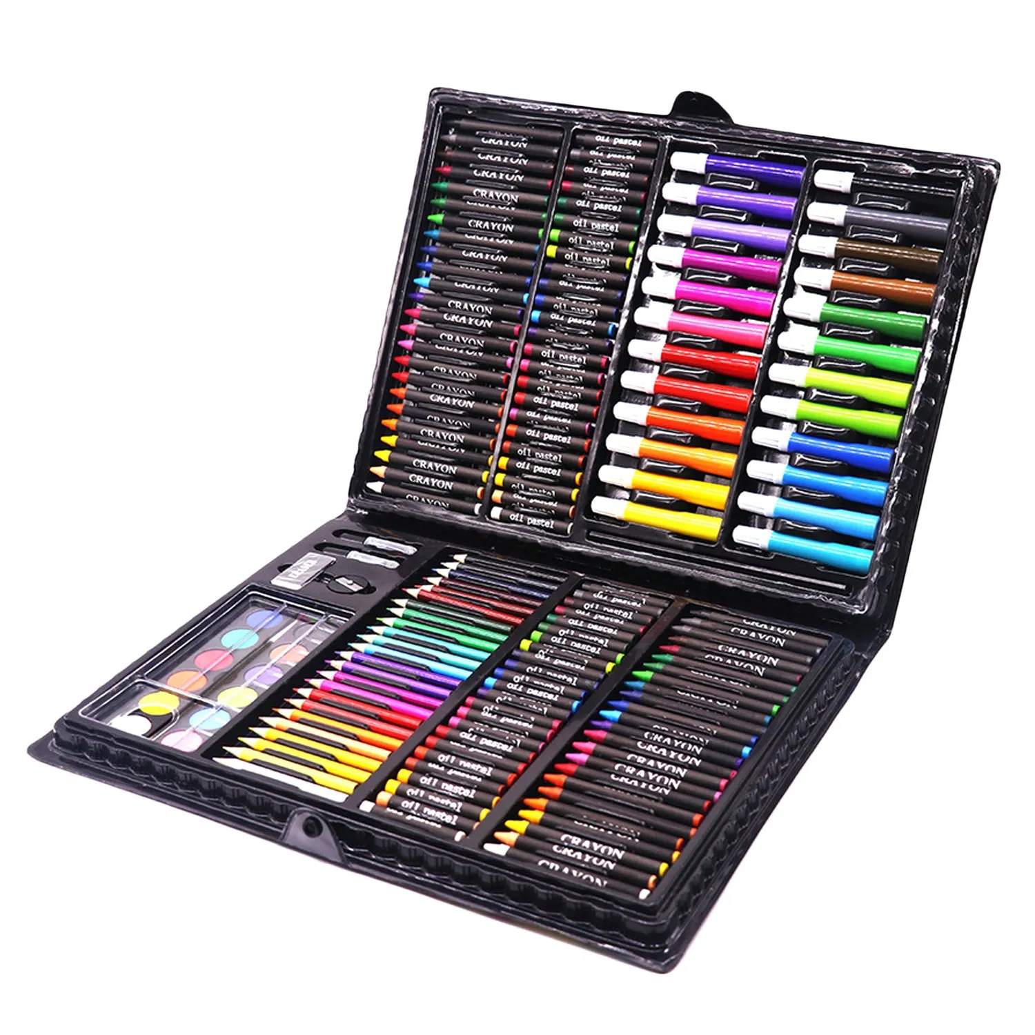 168-piece children's painting set with watercolour pens and oil pastels in a black plastic storage case