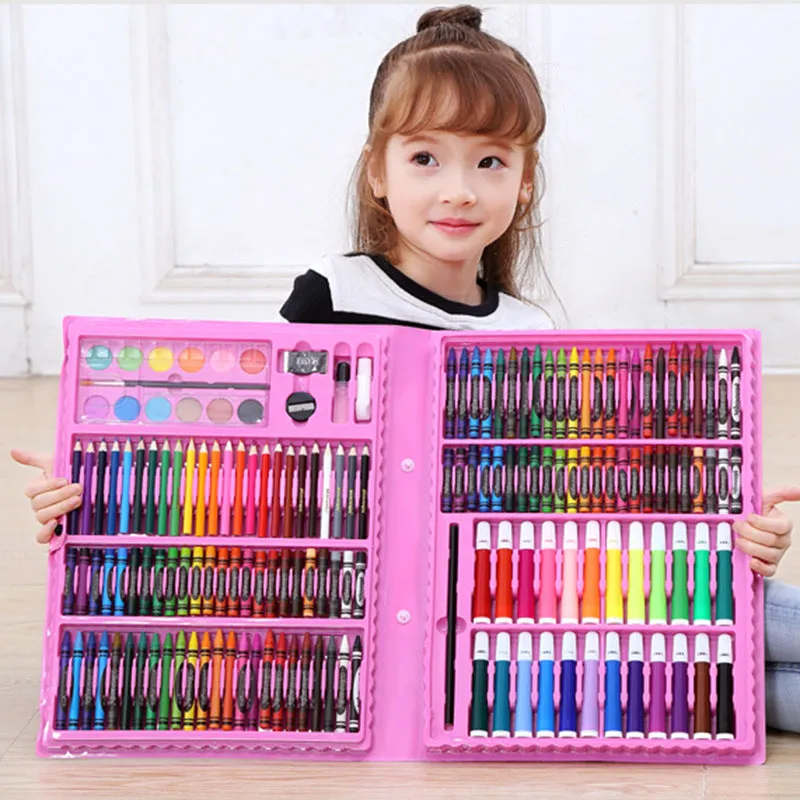 168-piece children's painting set with watercolour pens and oil pastels in a black plastic storage case