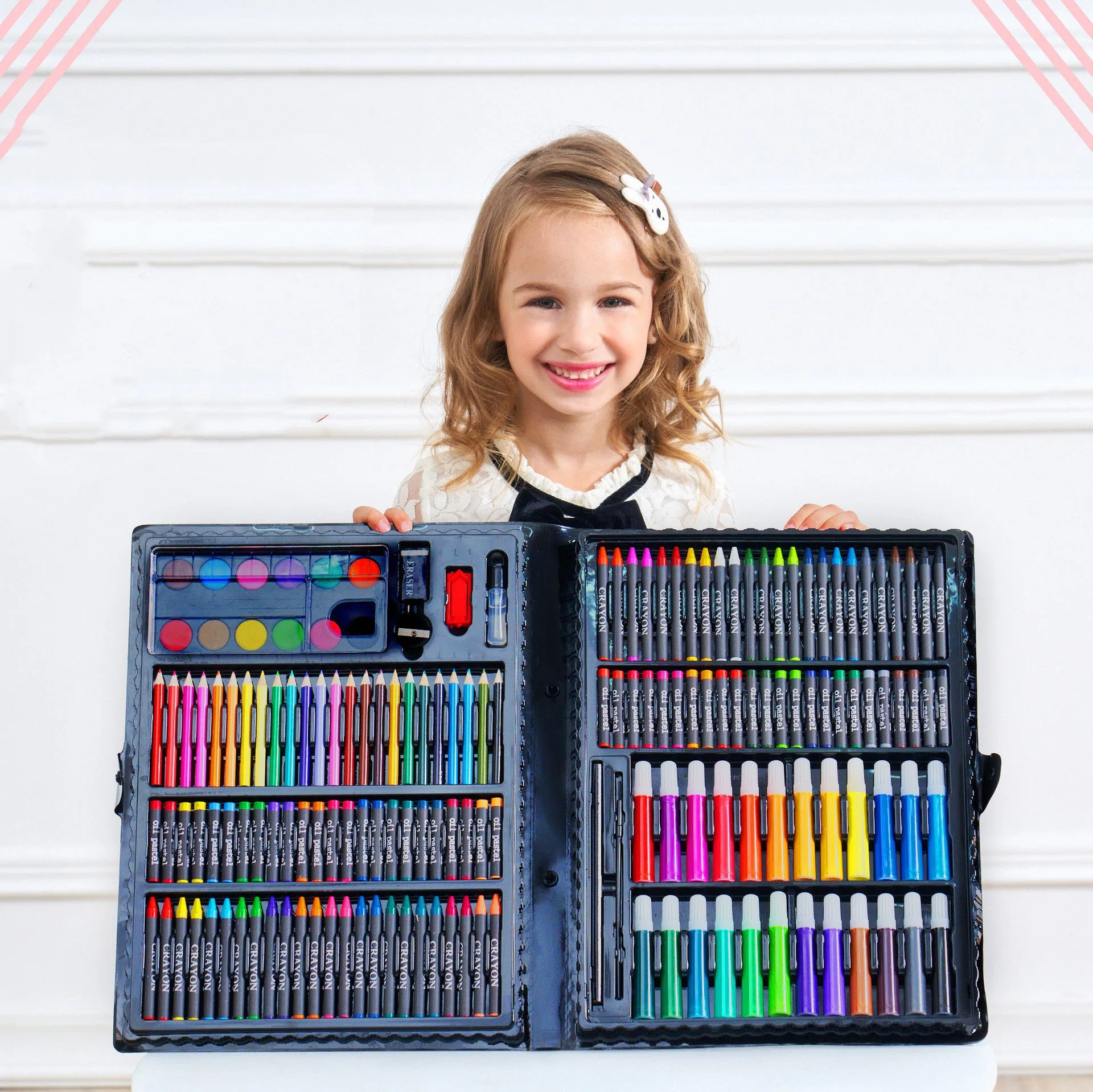 168-piece children's painting set with watercolour pens and oil pastels in a black plastic storage case
