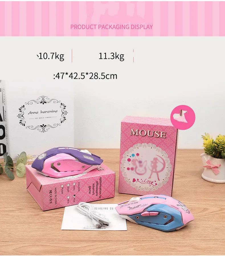 Pink blue wireless mute gaming mouse with 2400 DPI optical sensor for desktop computers
