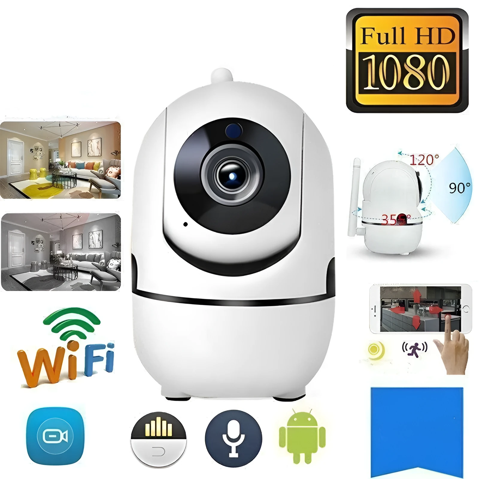 White WiFi CCTV IP camera with 1080P night vision and 360° pan tilt for home security