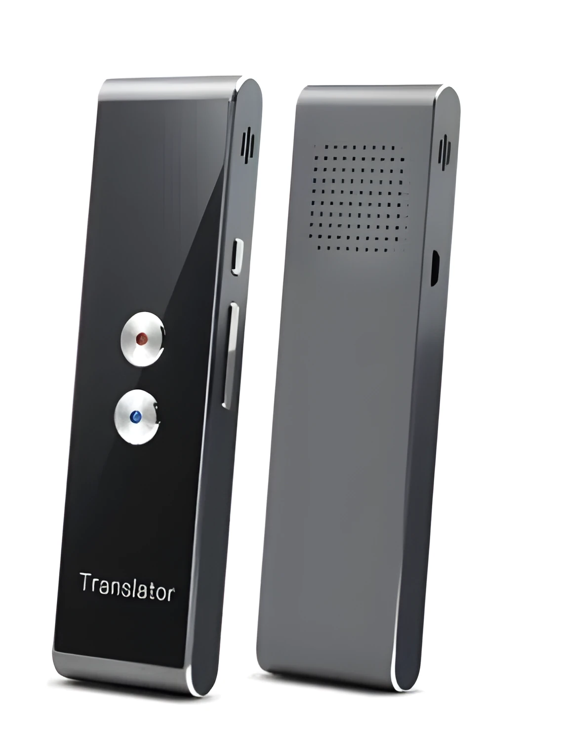 Black wireless voice translator with Bluetooth on white background next to smart phone