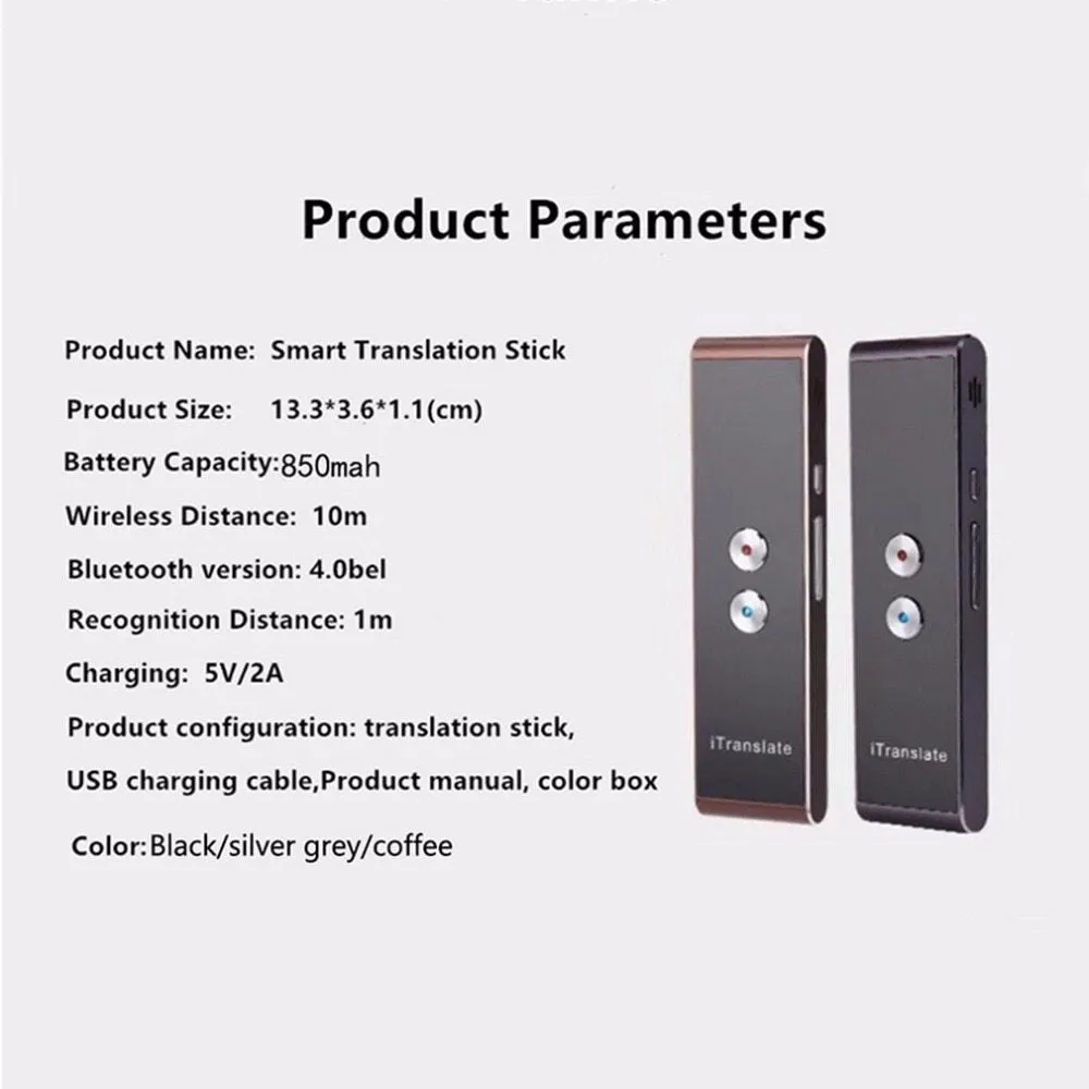 Black wireless voice translator with Bluetooth on white background next to smart phone