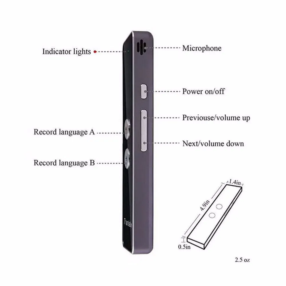 Black wireless voice translator with Bluetooth on white background next to smart phone