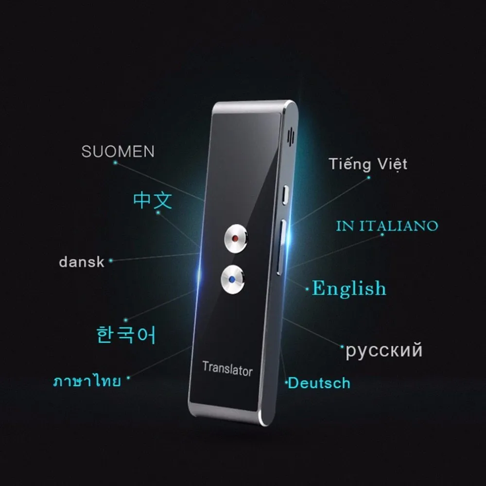 Black wireless voice translator with Bluetooth on white background next to smart phone