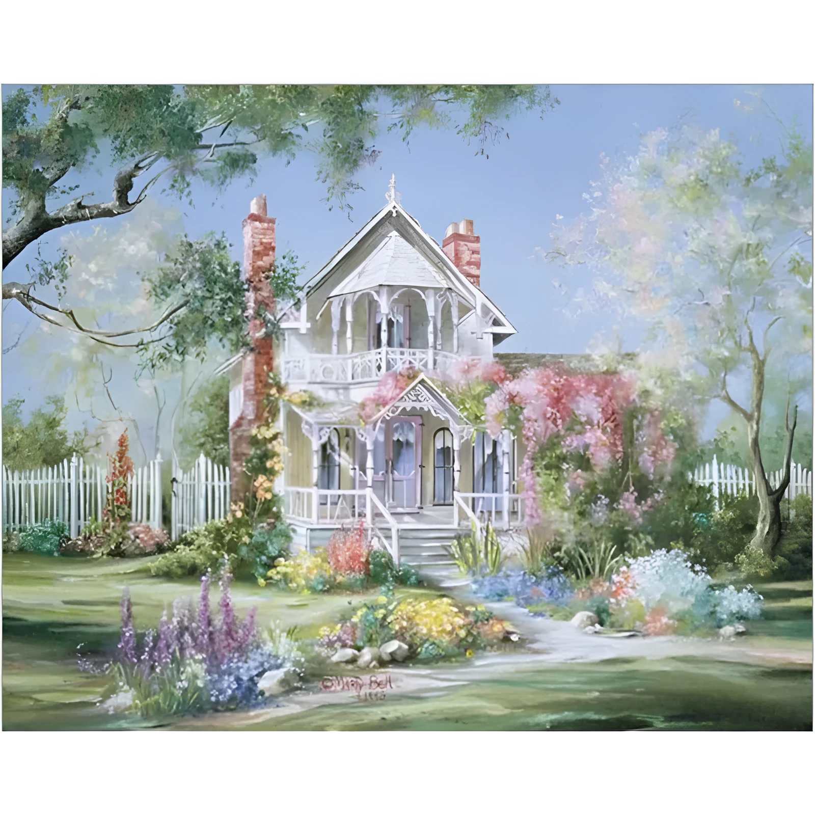 Meteor Garden digital oil painting, half hand-painted on linen, 40x50cm, Baroque garden landscape