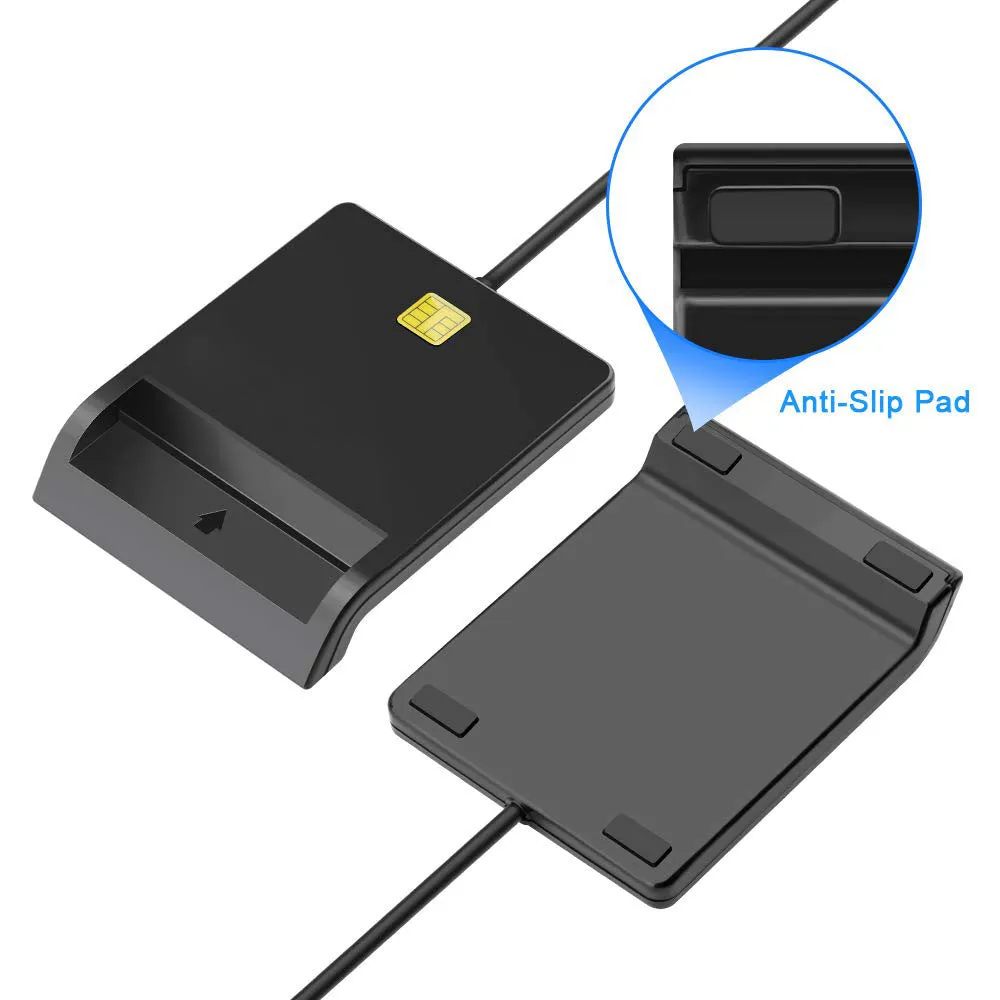 Black USB smart card reader for ID, SIM, CAC, and bank cards with ABS casing