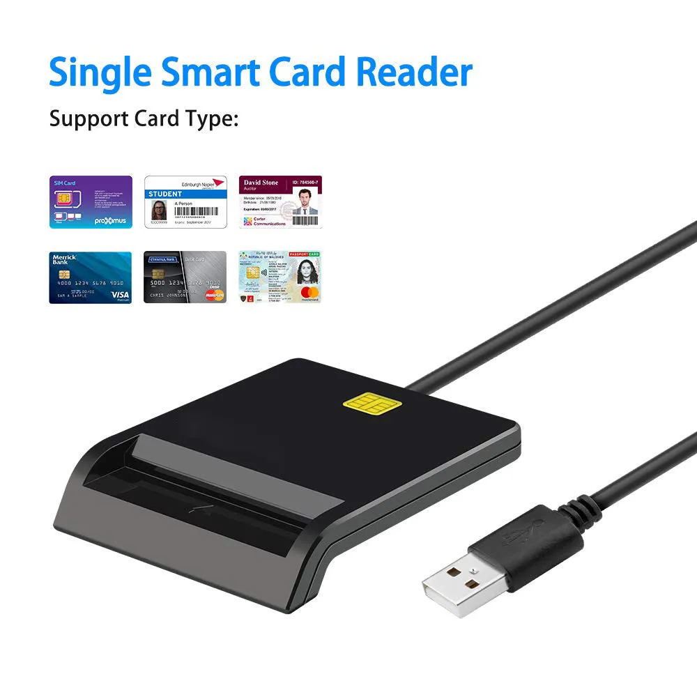 Black USB smart card reader for ID, SIM, CAC, and bank cards with ABS casing