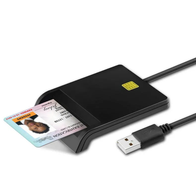 Black USB smart card reader for ID, SIM, CAC, and bank cards with ABS casing