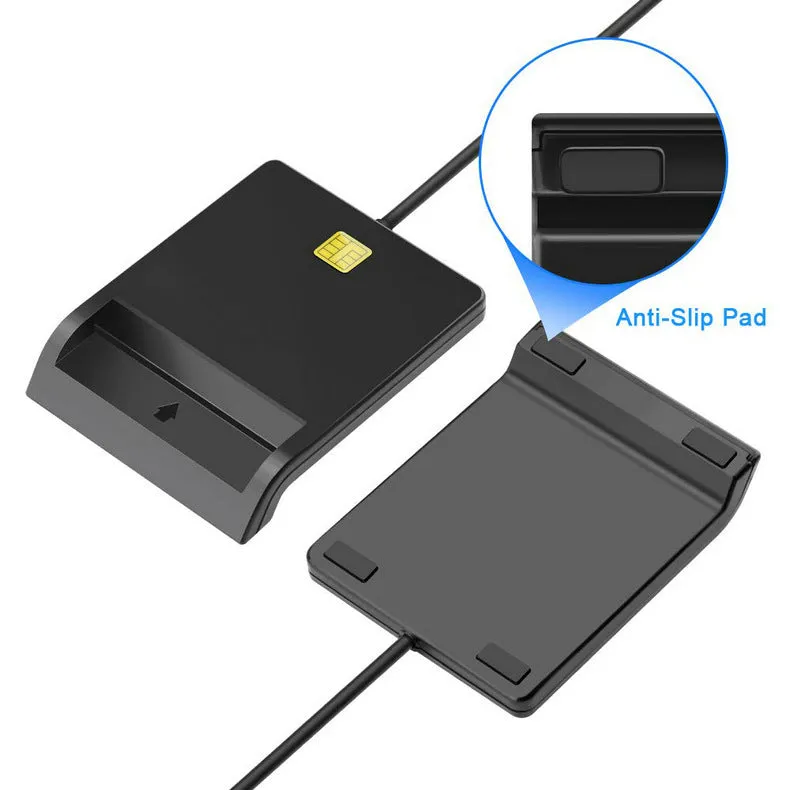 Black USB smart card reader for ID, SIM, CAC, and bank cards with ABS casing