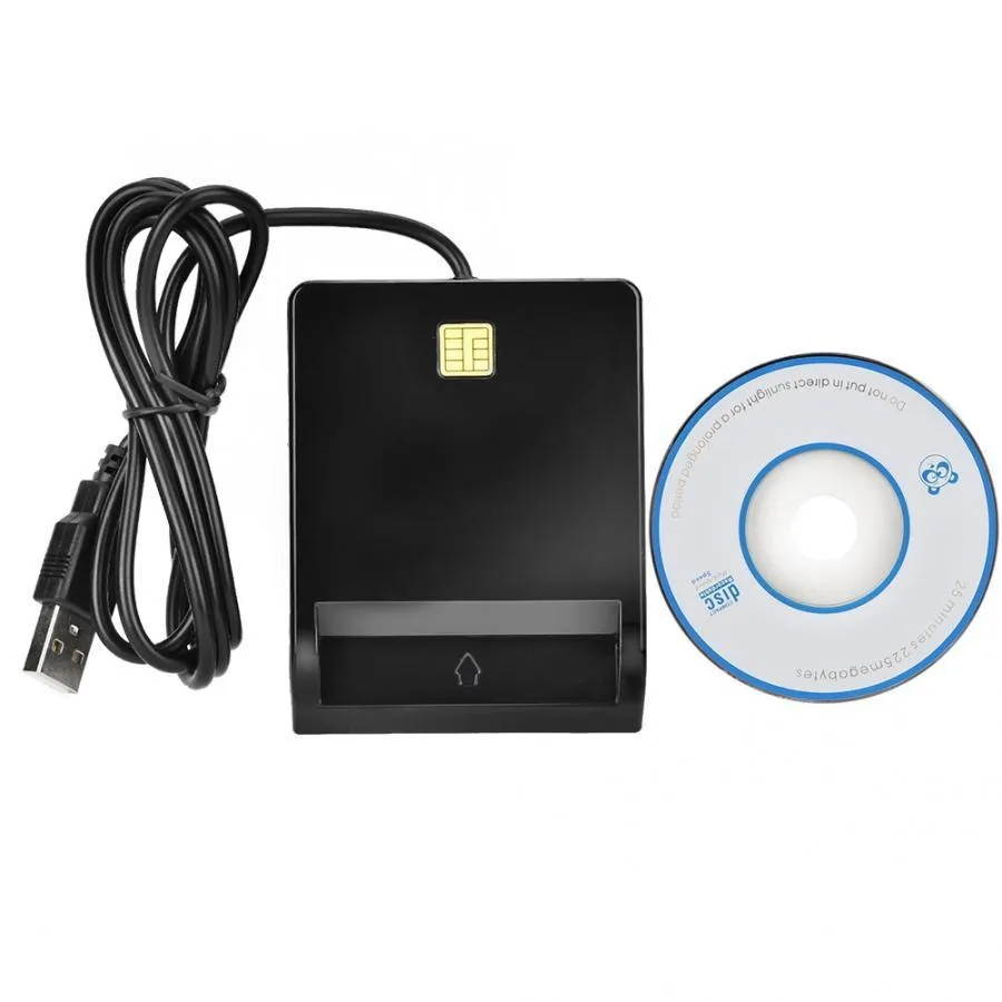 Black USB smart card reader for ID, SIM, CAC, and bank cards with ABS casing