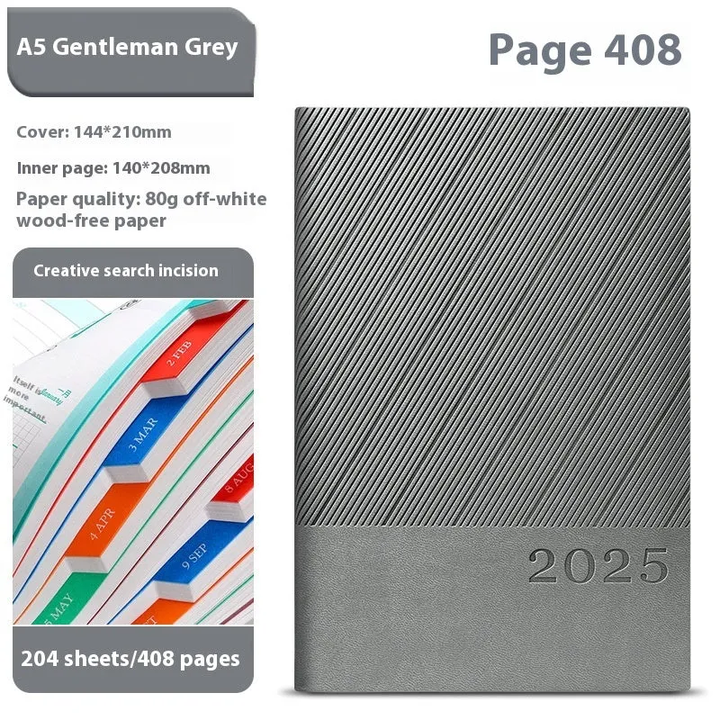 A5 striped PU leather notepad open on a desk showing thickened paper, available in eight colours.