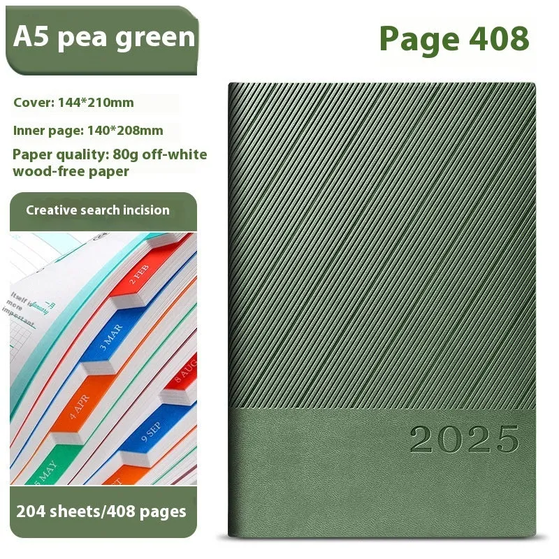 A5 striped PU leather notepad open on a desk showing thickened paper, available in eight colours.