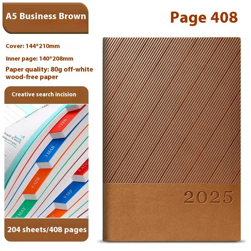 A5 striped PU leather notepad open on a desk showing thickened paper, available in eight colours.