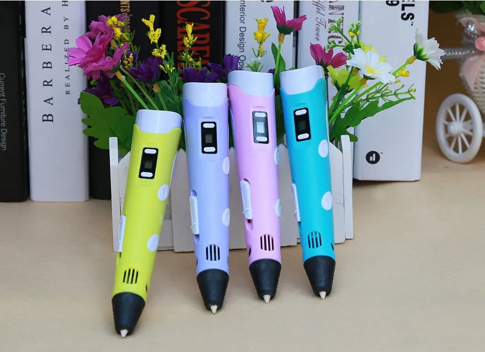 Yellow 3D printing pen with PLA filament spool on a white surface, showing nozzle and controls