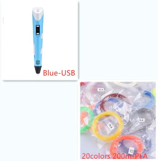 Yellow 3D printing pen with PLA filament spool on a white surface, showing nozzle and controls