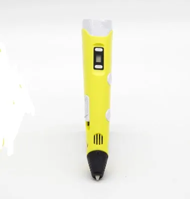 Yellow 3D printing pen with PLA filament spool on a white surface, showing nozzle and controls
