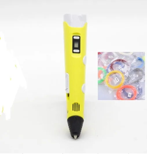 Yellow 3D printing pen with PLA filament spool on a white surface, showing nozzle and controls