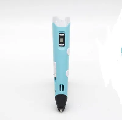 Yellow 3D printing pen with PLA filament spool on a white surface, showing nozzle and controls