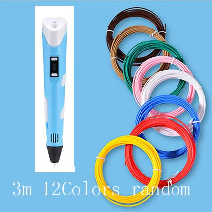 Yellow 3D printing pen with PLA filament spool on a white surface, showing nozzle and controls