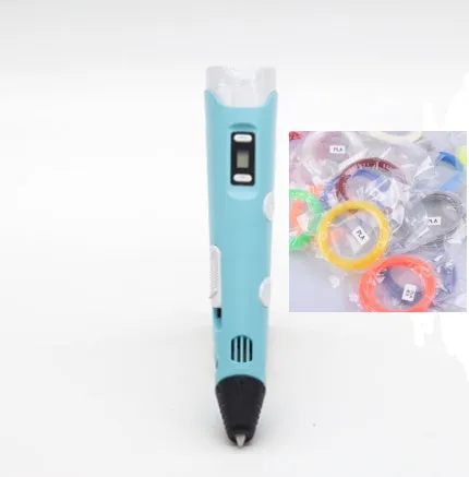 Yellow 3D printing pen with PLA filament spool on a white surface, showing nozzle and controls