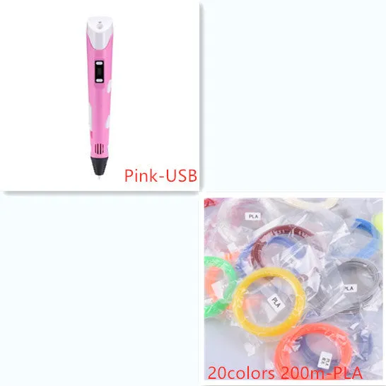 Yellow 3D printing pen with PLA filament spool on a white surface, showing nozzle and controls