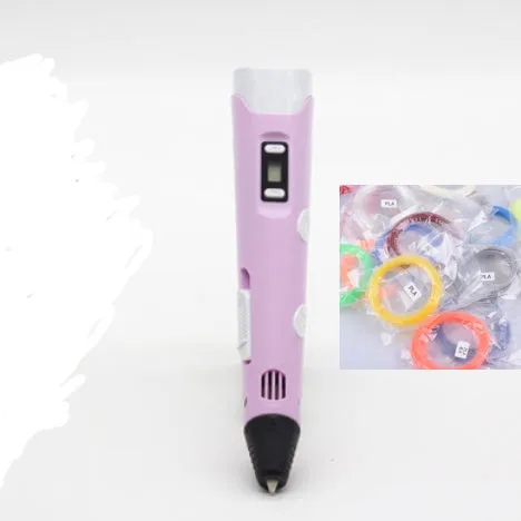 Yellow 3D printing pen with PLA filament spool on a white surface, showing nozzle and controls