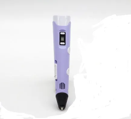 Yellow 3D printing pen with PLA filament spool on a white surface, showing nozzle and controls