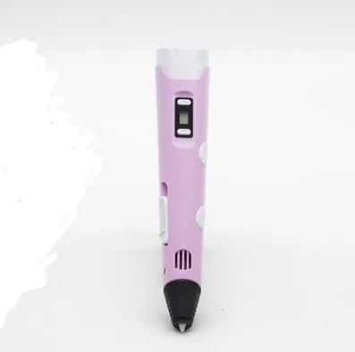 Yellow 3D printing pen with PLA filament spool on a white surface, showing nozzle and controls