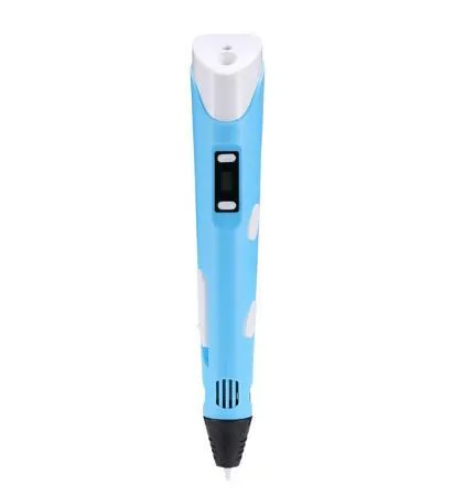 Yellow 3D printing pen with PLA filament spool on a white surface, showing nozzle and controls