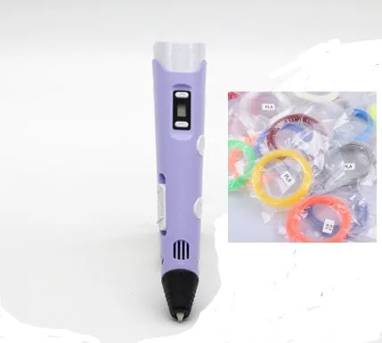 Yellow 3D printing pen with PLA filament spool on a white surface, showing nozzle and controls