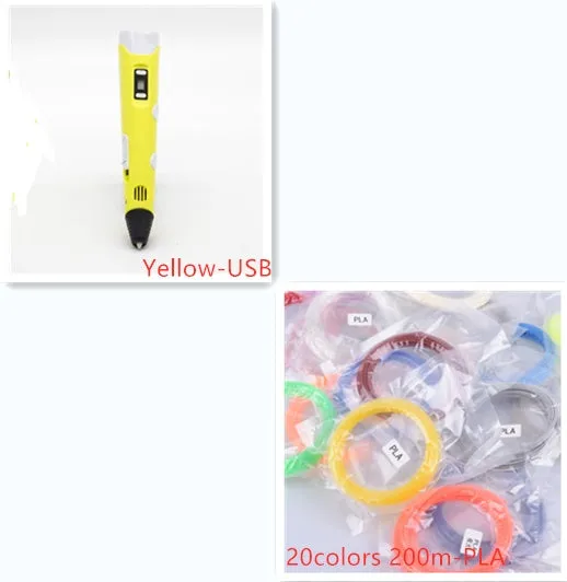 Yellow 3D printing pen with PLA filament spool on a white surface, showing nozzle and controls
