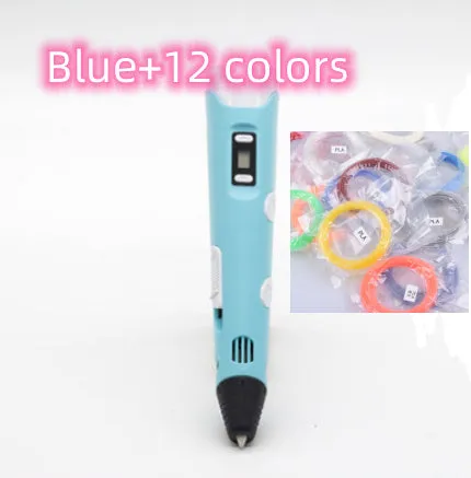 Yellow 3D printing pen with PLA filament spool on a white surface, showing nozzle and controls
